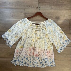 Democracy Floral Patchwork Peasant Blouse Women Large Smocked Neck Boho Top